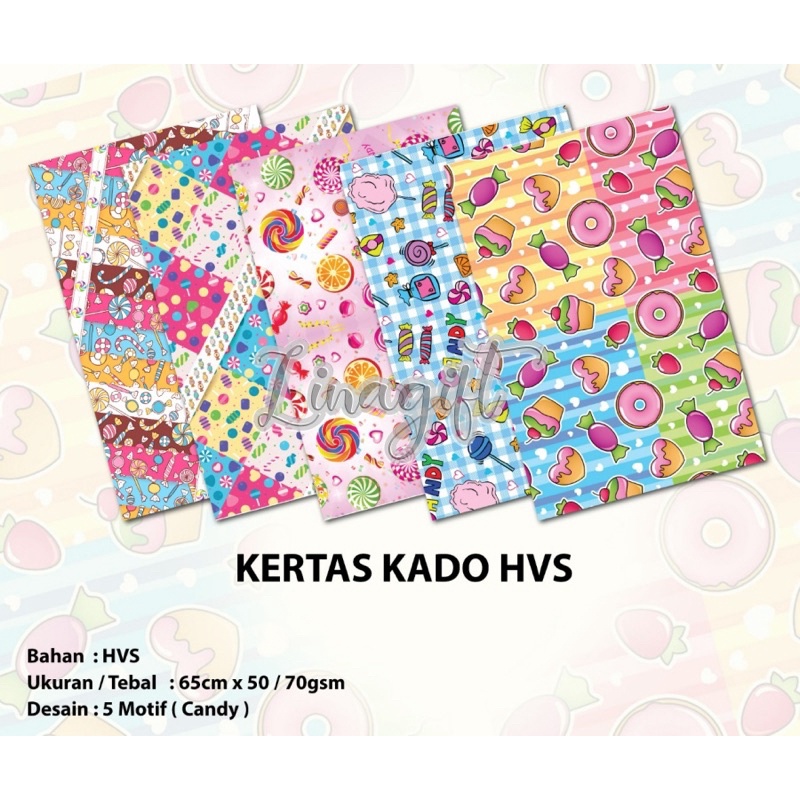 ( 5 Lembar ) KERTAS KADO SQ DOFF - GIFT WRAPPING CANDY LOLIPOP PERMEN DONUT MACAROON DESSERT COTTON CANDY