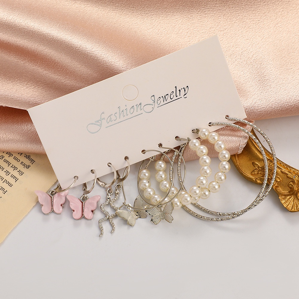 Anting Logam Mutiara Kupu-Kupu Boho Setelan Cincin Telinga Berlebihan Wanita Eropa Dan Amerika