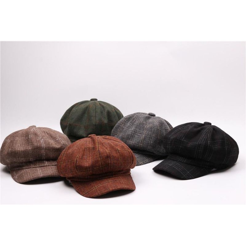 Original Topi Beret Kotak kotak  Baret Newsboy Painter Hats Octagonal Retro Casual topi wanita pria