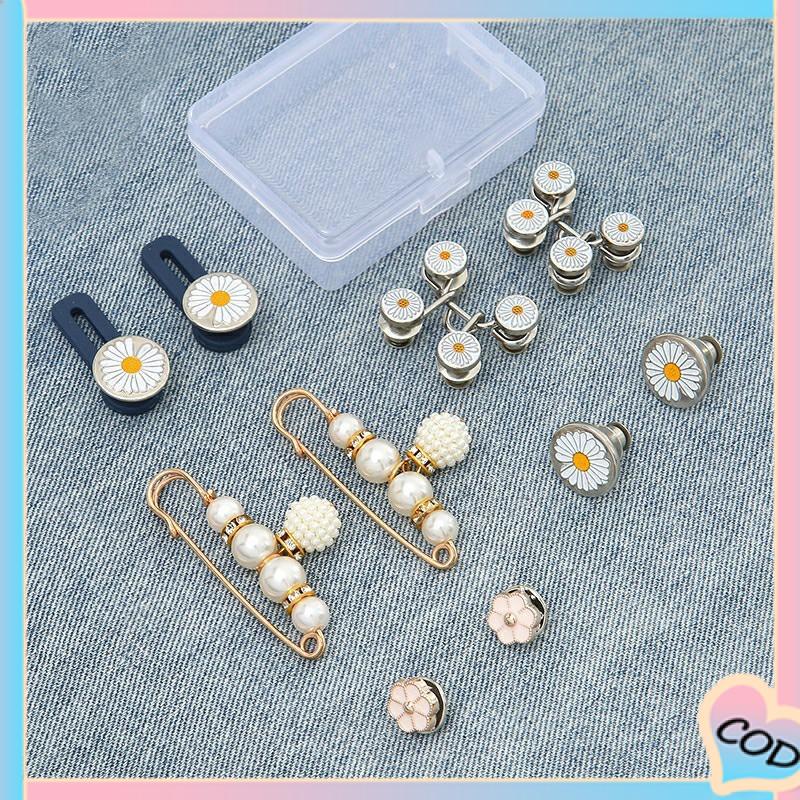 COD❤️ 10 PCS Daisy Pattern Nail Gratis Dilepas Celana Denim Penyesuaian Pinggang Tombol Loga-A.one