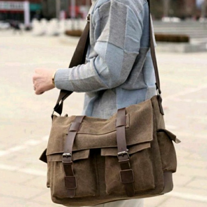 TAS SELEMPANG MESSENGER PRIA RETRO KLASIK KANVAS SLOT LAPTOP