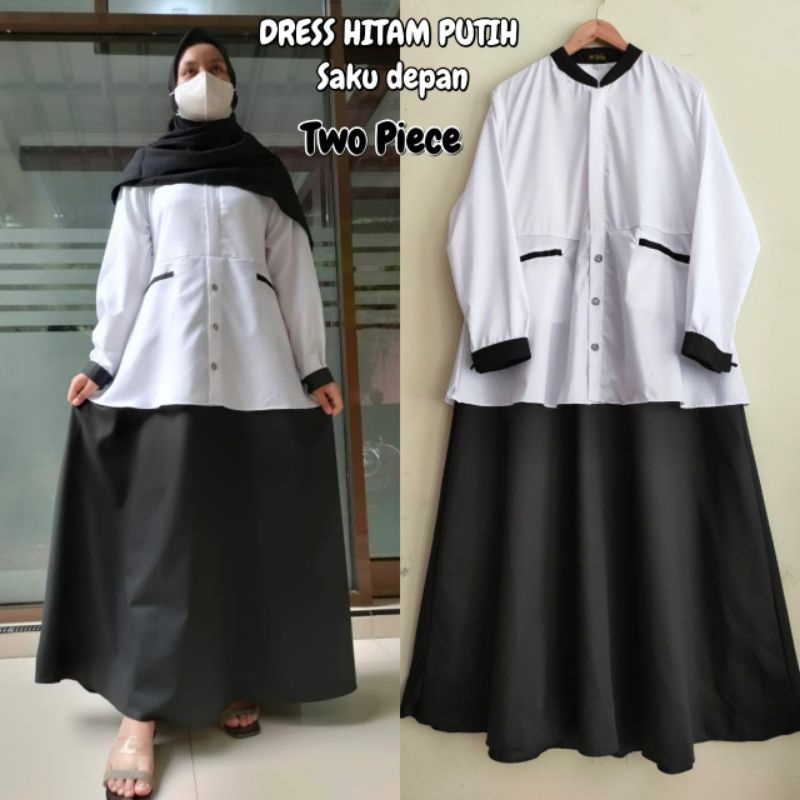 GAMIS PNS HITAM PUTIH SAKU DEPAN / baju kerja /gamis kerja / seragam dinas / baju kantoran