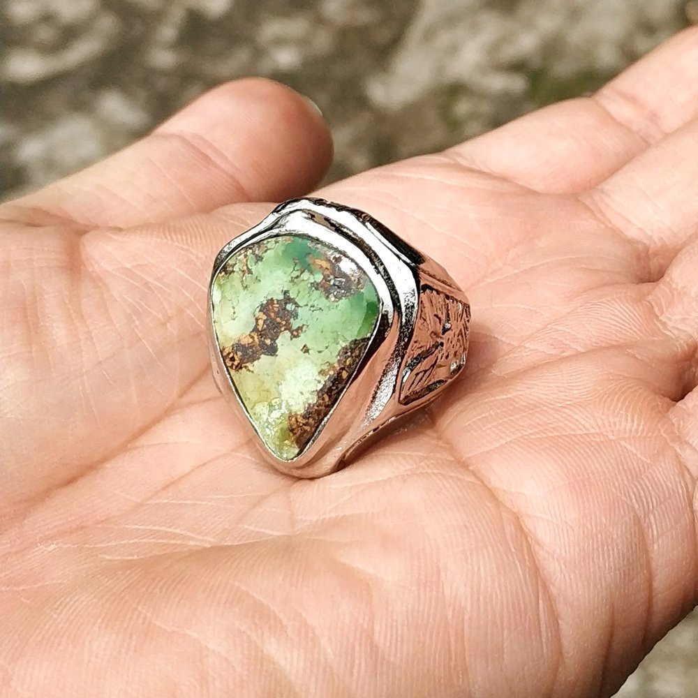 CINCIN BATU AKIK NATURAL PIRUS PERSIA HIJAU MOTIF TETESAN AIR TRIANGEL