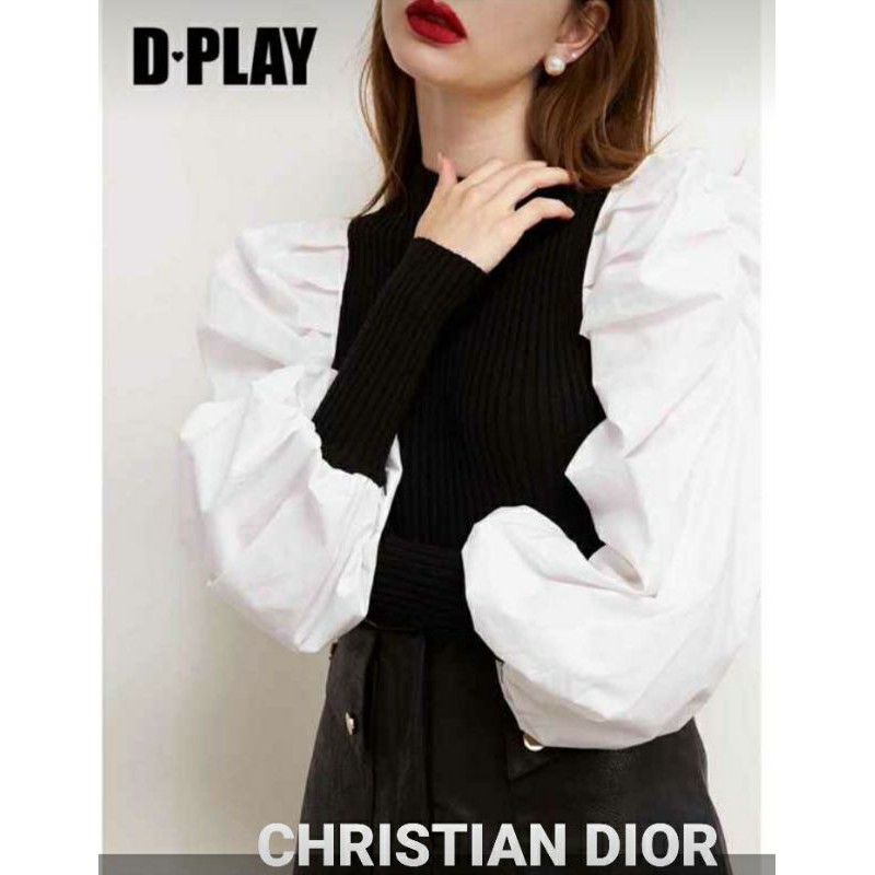 BAJU ATASAN WANITA LENGAN BALON DIOR RAJUT BLACK WHITE IMPORT BKK BESTSELLER