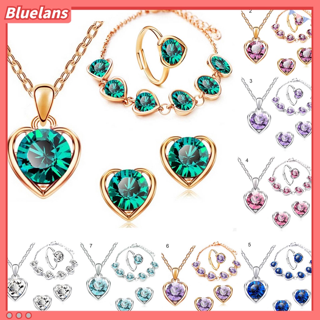 4pcs / Set Kalung Anting Gelang Cincin Liontin Hati Aksen Berlian Imitasi Adjustable Untuk Wanita