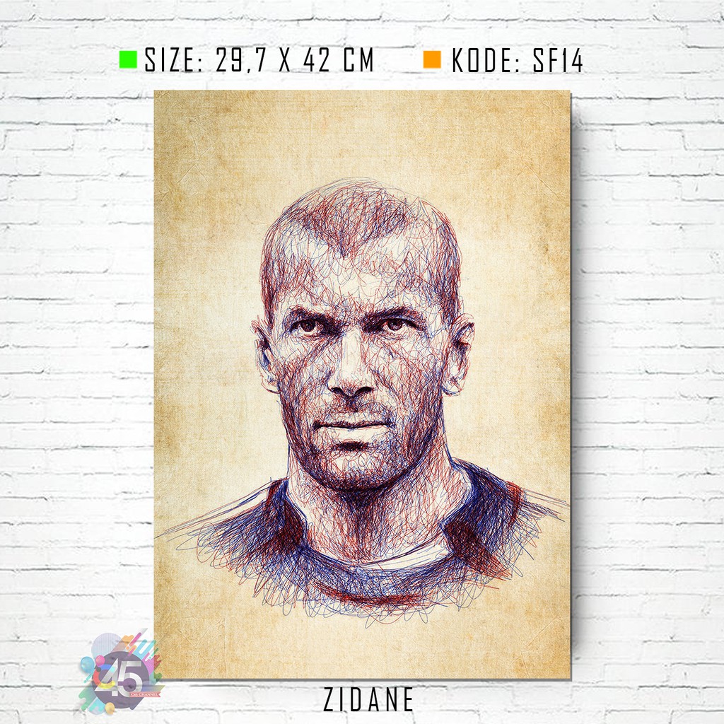 Poster Jumbo Sketsa Foto ZINEDINE ZIDANE Football Art Hiasan Kantor Tema Sport Bintang Sepak Bola