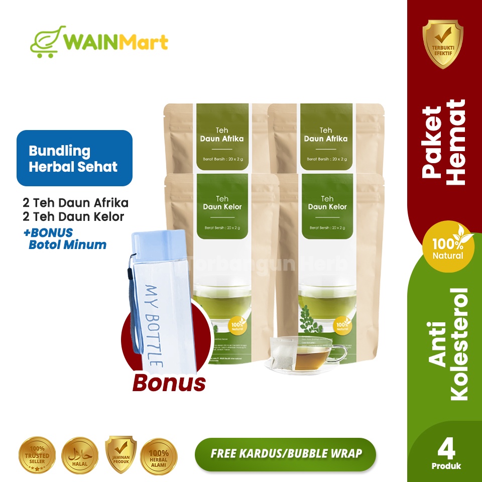 PAKET ANTI KOLESTEROL LENGKAP ! ( 2 pcs Teh Daun Afrika  + 2 pcs Teh Daun Kelor) FREE MY BOTTLE