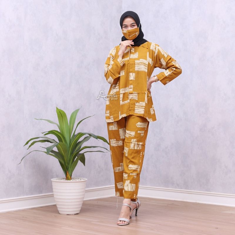 BISA COD SETCEL JUMBO KAYU ONE SET BIG SIZE LD 125 cm/ Pajamas / Setelan Wanita jumbo Katun Rayon Premium-Mustard