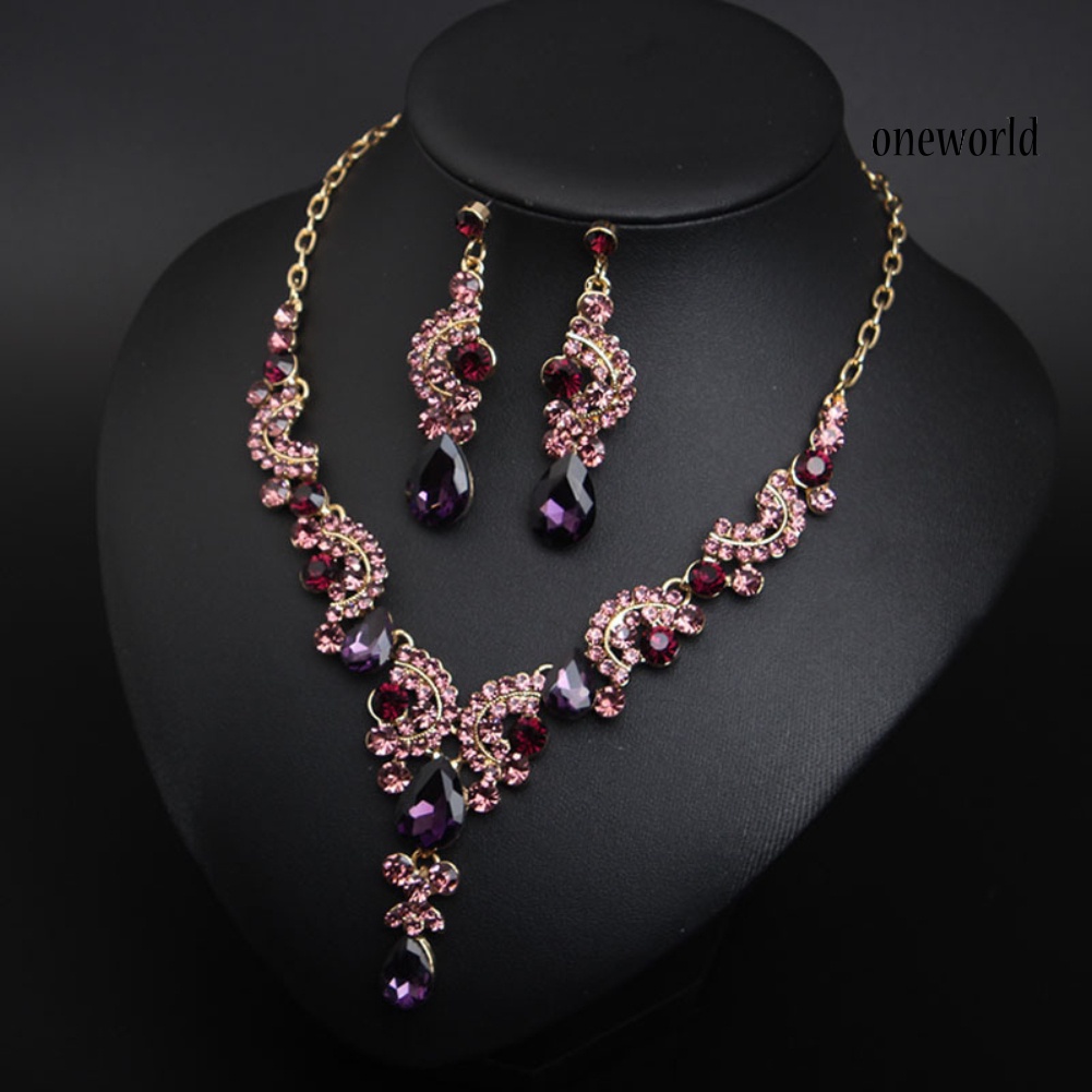 OW@ Luxury Women Rhinestone Pendant Chain Necklace Stud Earrings Wedding Jewelry Set