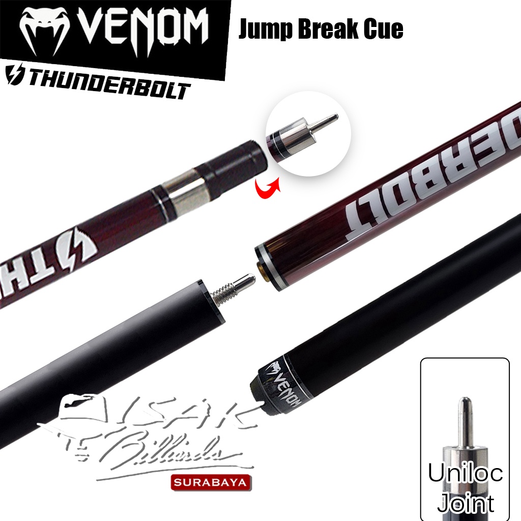 Venom Thunderbolt Jump Break Cue | Maroon 13.5mm Stick Loncat Billiard