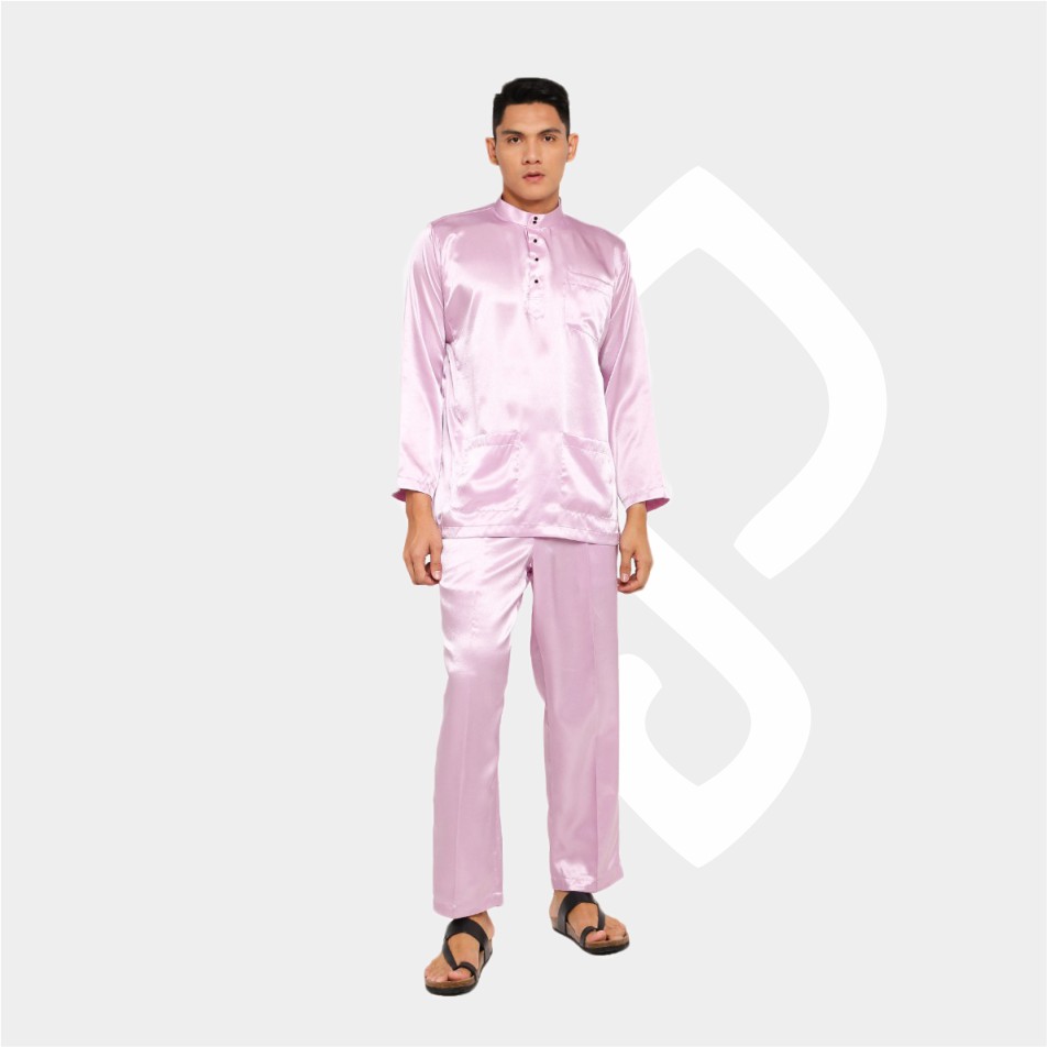 Baju Koko Pria Melayu Cekak Musang Bahan Satin Setelan Muslim Kurung Teluk Belanga Pink