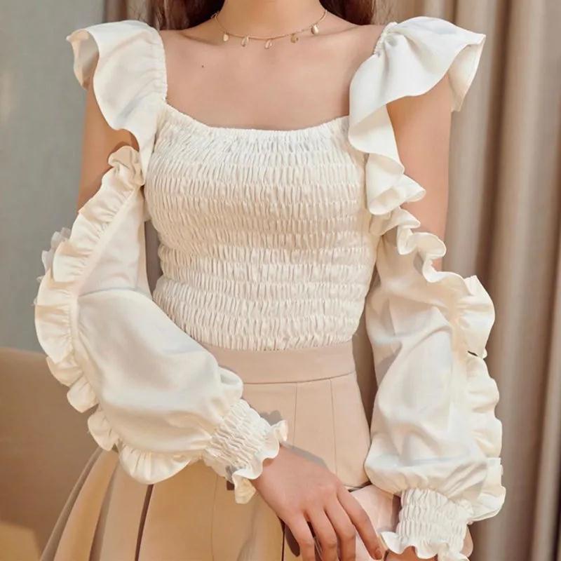 impor French square neck off-shoulder daun teratai lengan pinggang kemeja wanita Chic manis peri lip