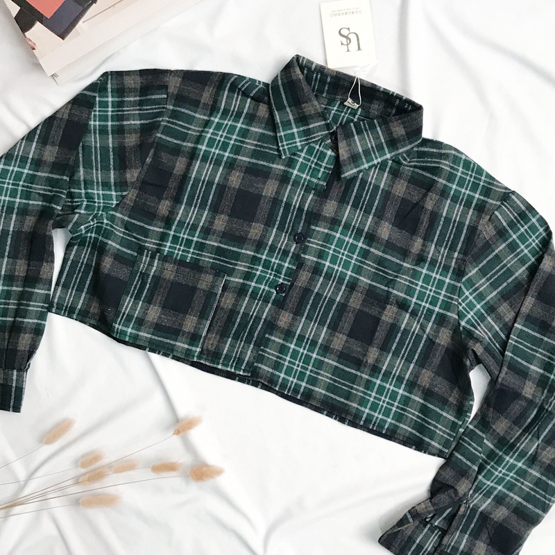 kemeja kotak-kotak pendek wanita jaket korea style kemeja lengan panjang retro