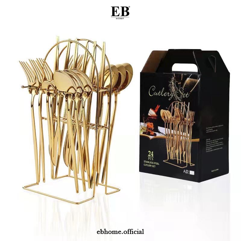 Alat Makan Sendok Garpu Set Stainless Gold Tebal dengan Gantungan - Gold