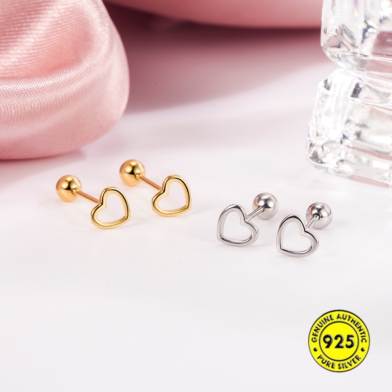 Anting Stud S925 Silver Bentuk Hati Model Hollow Untuk Wanita