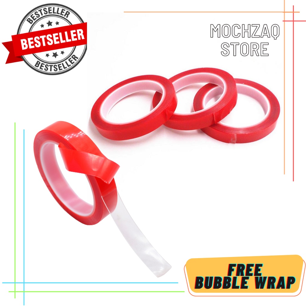 

Perekat Double Tape Acrylic Adhesive Transparent No Trace Sticker 15 mm x 3 m - J4702 - Red
