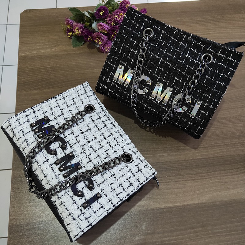 ready cod tas impor wanita kain kotak-kotak hitam dan putih selempang tas tangan slingbag