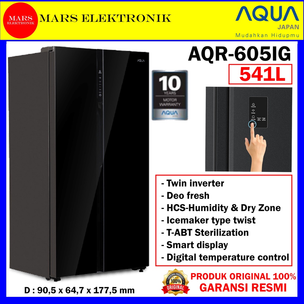 KULKAS AQUA SIDE BY SIDE AQR-605IG / 541 LITER / BLACK GLASS / TWIN INVERTER , BIG CAPACITY / ORIGIN