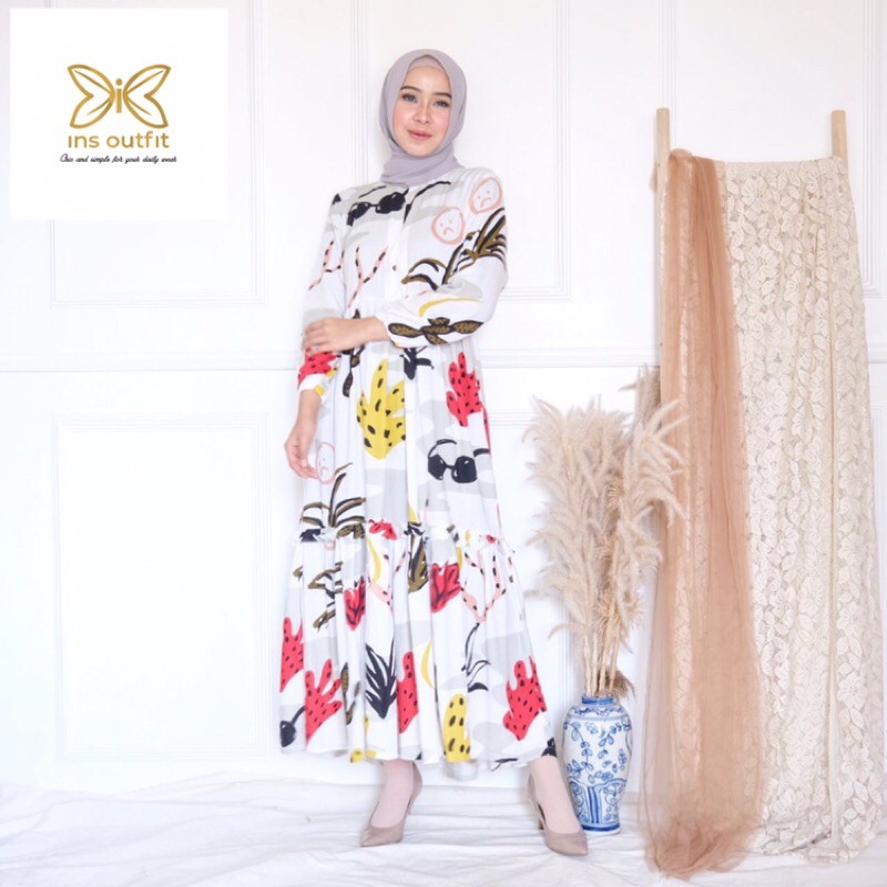 Dress/gamis rayon motif white cactus