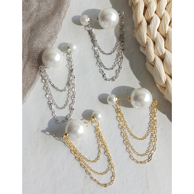 LRC Anting Tusuk Fashion Alloy Chain Fringed Pearl Earrings F77949