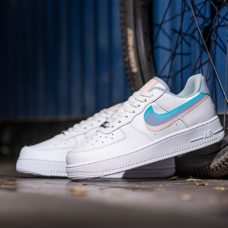 Sepatu Nk Air Force 1 GD Double Swoosh White Blue Peach Original OEM Sneakers Wanita