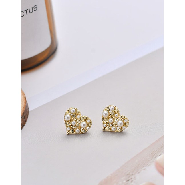 LRC Anting tusuk Fashion Golden Love Heart Earrings With Diamonds D80644