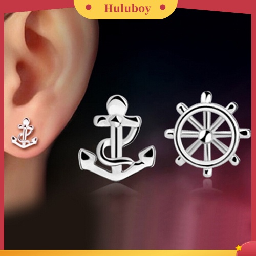 Hu Hu Hu Hu Hu Alat Bantu Pasang Kacamata♡ Anting Tusuk Asimetris Model Jangkar / Kemudi Kapal Warna Silver Untuk Wanita