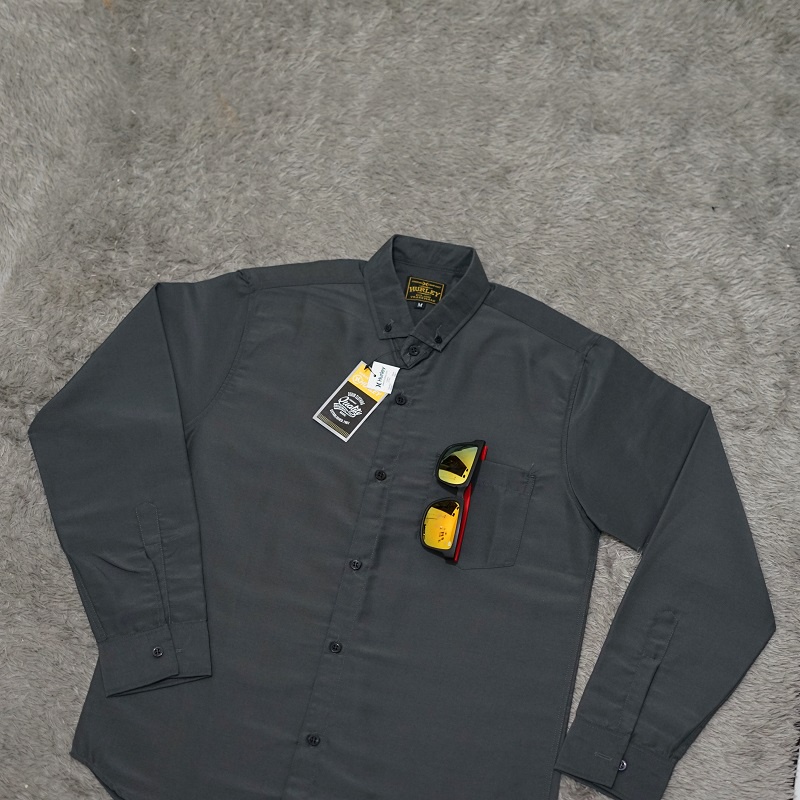 Hurley Baju Kemeja Abu Tua Polos Pria Lengan Panjang Original Hurley model Slimfit