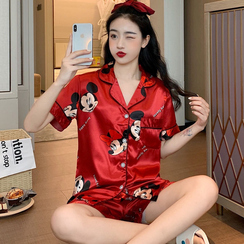 Lovera Baju Tidur Wanita Dewasa Model Kemeja Bahan Satin HP Lengan Pendek Celana Pendek Import High Quality Sleepwear-Mickey Mouse Merah