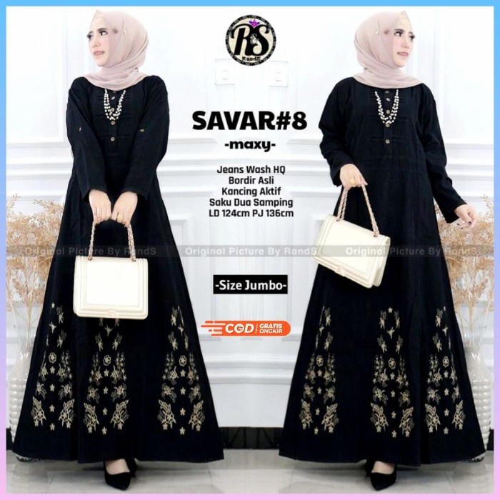TERBARU     Gamis Abaya Jeans Denim Wanita Dewasa Jumbo Hitam Bordir LD 120