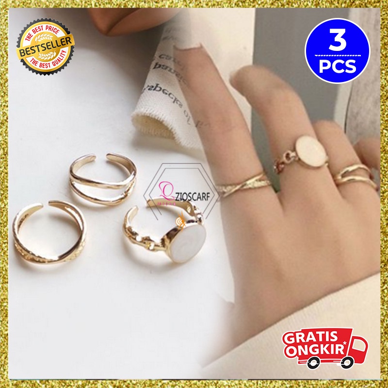 Cincin Titanium Wanita 1 Set 3 Pcs Lapis Emas Bentuk Bulat Putih Fashion Korea Aksesoris cincin import CNC12