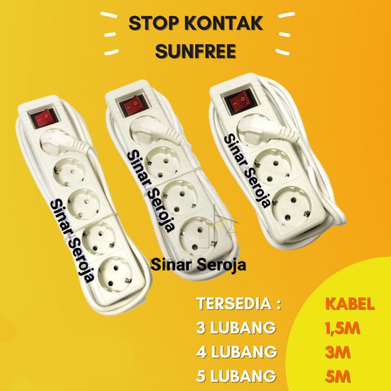 Stop Kontak Sunfree Colokan  3  Lubang Panjang Kabel 1,5/3/5 Meter