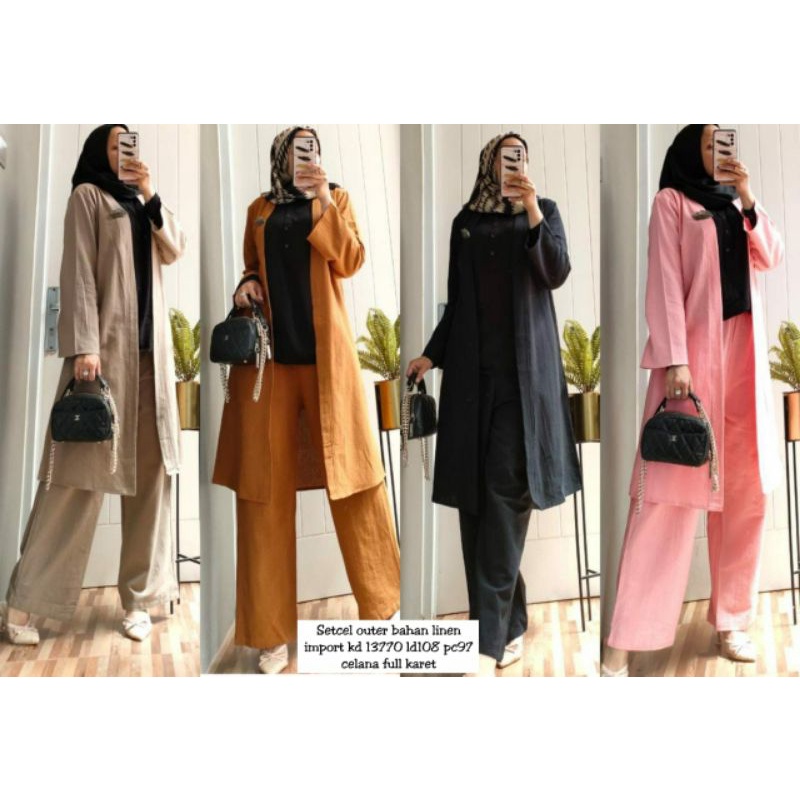 Bella Set, SETELAN OUTER WANITA MUSLIM CANTIK BAHAN LINEN IMPORT LD 106 + CELANA TERMURAH OOTD