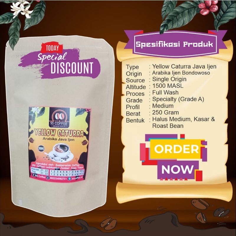 

Kopi Arabika Yellow Caturra Java Ijen Bondowoso | 250 Gram | SS Coffee