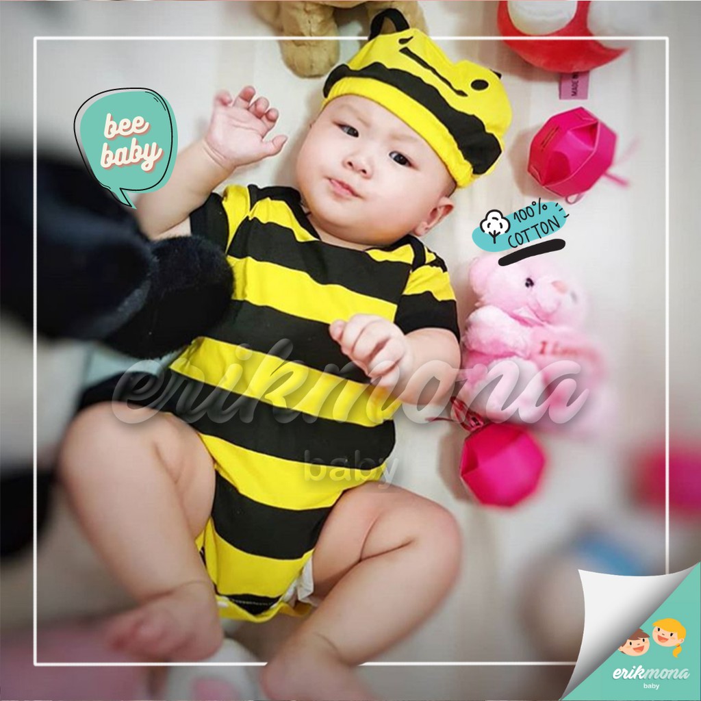 Ermon Baby - Jumper Bayi Laki Laki Perempuan Jumper Baby Cowok Cewek Lucu Karakter Lebah Bee + Topi Usia 0 - 12 Bulan