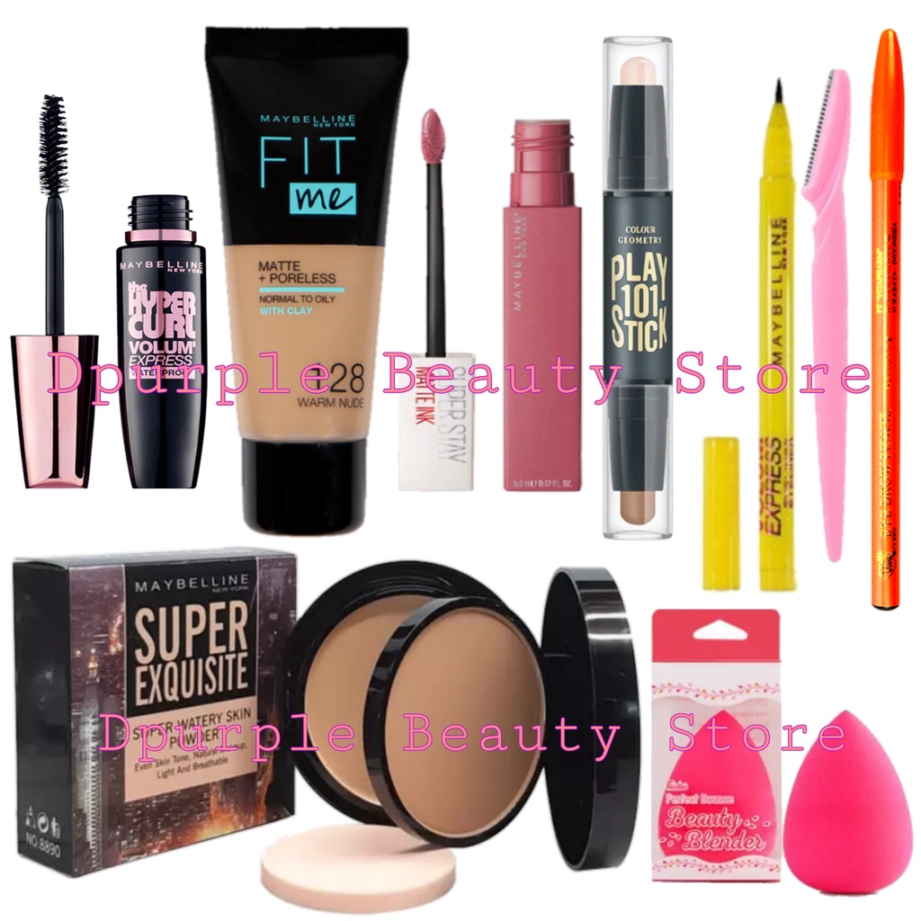 PROMO!!! Paket Make Up Maybelline Lengkap Hemat 9 in 1 - Bedak 2 in 1 Padat &amp; Basah - Fondation Tube - Contour - Maskara - Lipcream - Eyeliner - Pensil Alis - Pisau Cukur Alis - Beauty Blender / Spon Telur