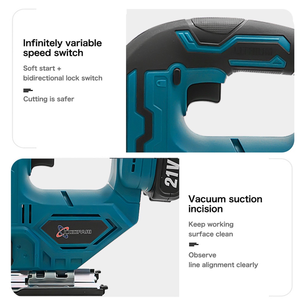 COOFARI 21V 65mm Cordless Jigsaw Jig Saw Listrik Portabel Multi-Fungsi Woodworking Alat Listrik Dengan 2 pcs Baterai