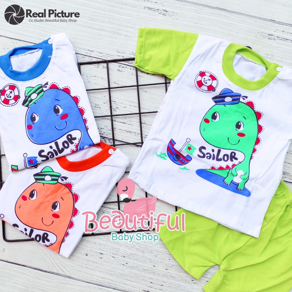 Setelan Baju Bayi Lengan Pendek Motif Dino Sailor / Setelan Pendek Bayi Murah / Baju Bayi Pendek / Baju Harian Bayi / Baby.ou_