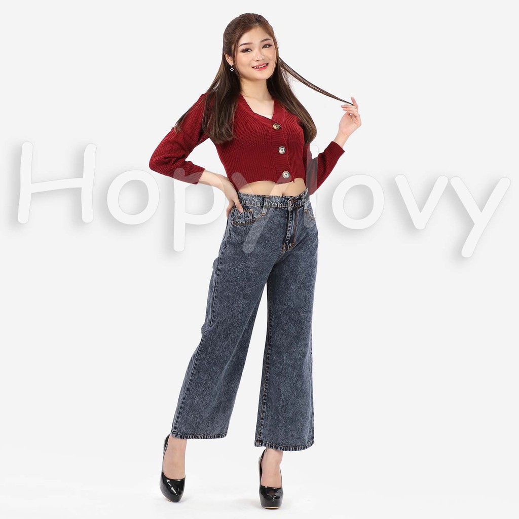 HOPYLOVY - Celana Jeans Boyfriend Wanita Model Kulot Snow Acid Asterada