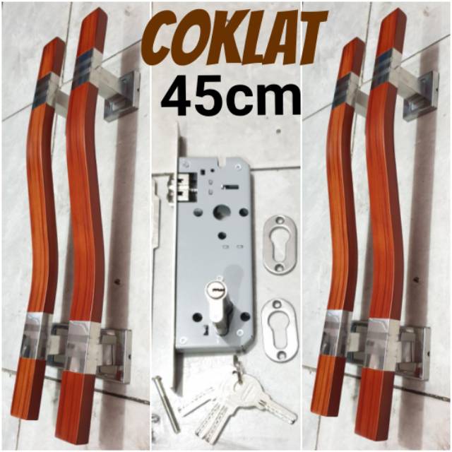 Paket handle pintu stainless 45cm maroon / coklat / full stainless 2set + body pelor belmondo