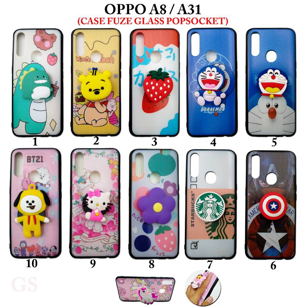 Case OPPO A8 A31 Case Fuze Glass Plus Popsocket Karakter Lucu