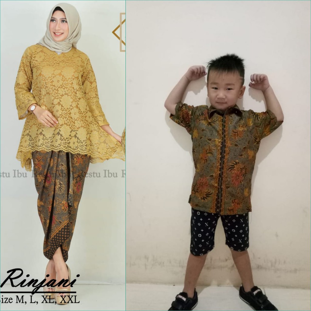 Batik Couple Setelan Kebaya Brukat Jumbo Giani dan Kemeja Batik Anak