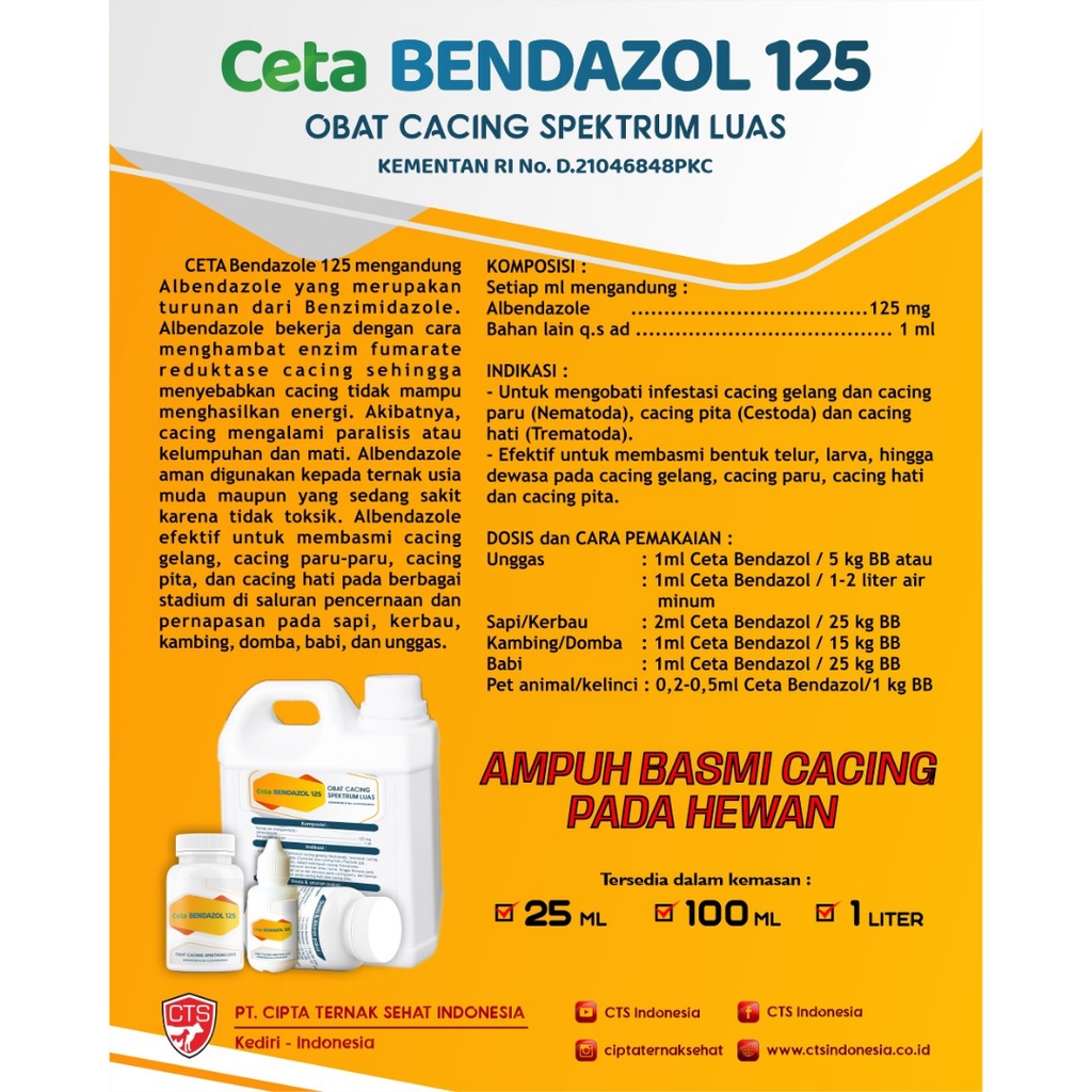 CETA BENDAZOL 125 | Obat Cacing Pada Ternak Sapi Kerbau Kambing Domba Ayam | 1 Liter | Apoternak