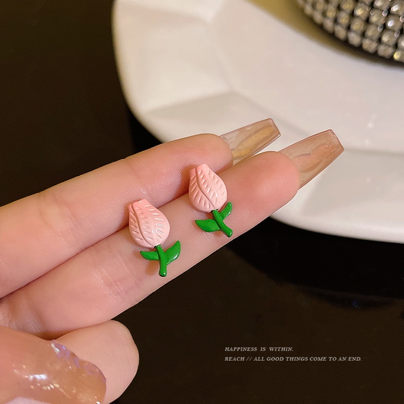 YEEZII Anting Stud Bentuk Daun Tulip Warna Pink Untuk Wanita