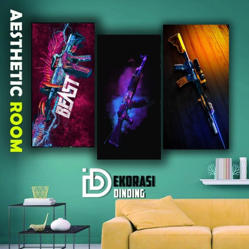 PAJANGAN DINDING KAMAR TIDUR GAME SENJATA PUBG MOBILE / DEKORASI HIASAN DINDING RUMAH ART AESTHETIC 