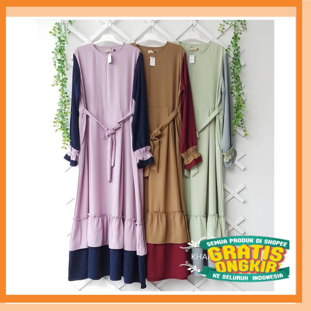 Corak Dua warna Kombinasi Stelan Pasangan Nibras Toyobo /  [Promo Flash Sale] KHAIRA DRESS - Baju Ga
