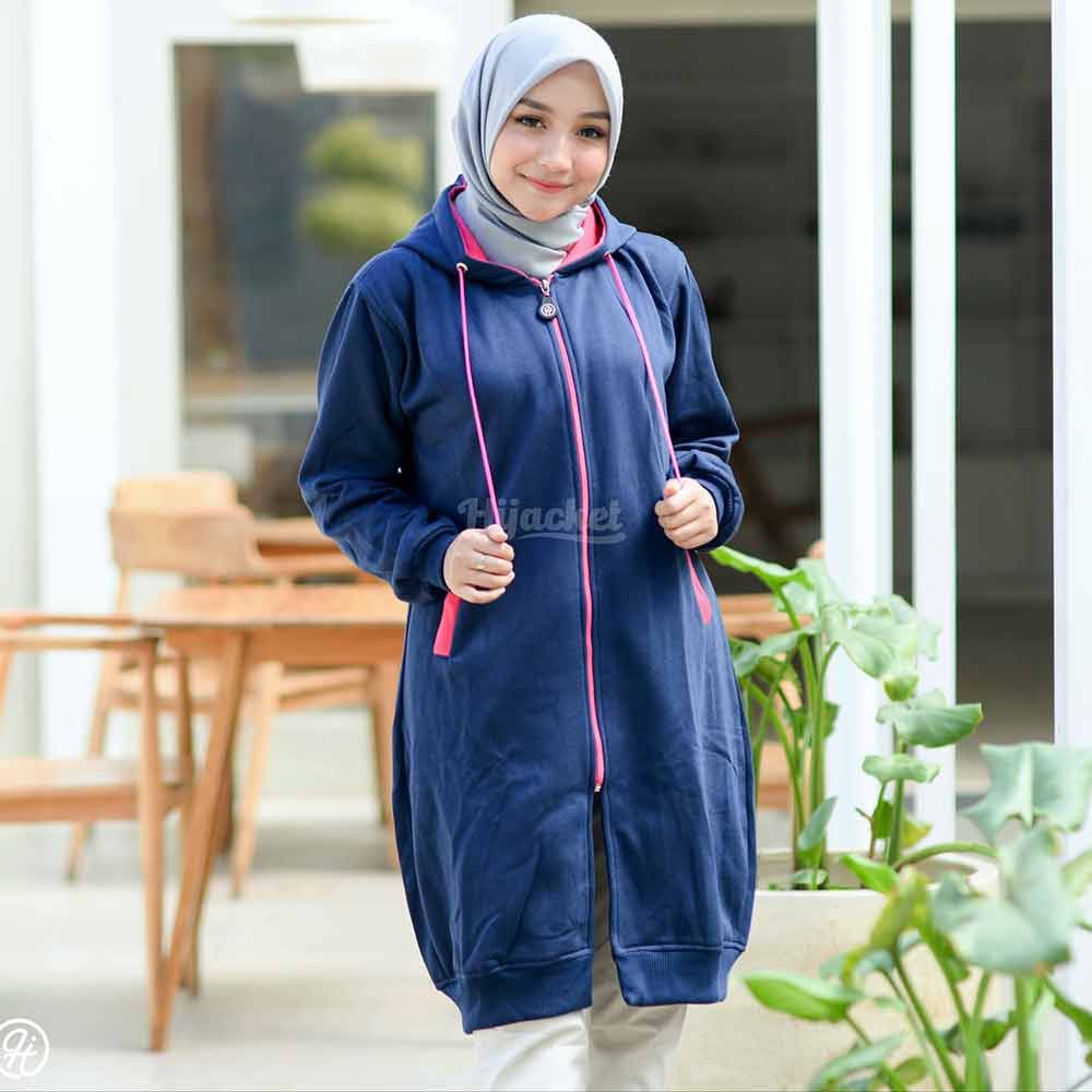 Termurah Jaket Panjang Hoodie Wanita Cewek Muslimah Jacket Hijaber Navy Pink HJ-20 Berkualitas
