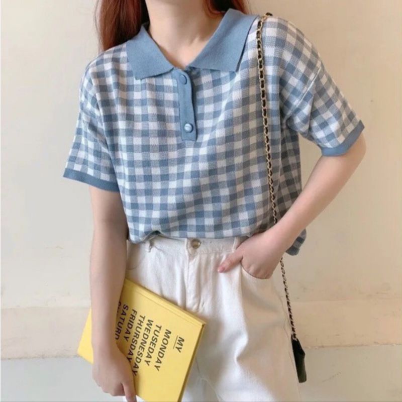 M FESYEN | CEKA KNIT TOP | CROP TOP KOREAN STYLE | KOREAN COLLAR CROP TOP ARGYLE | KOREAN BLOUSE WAN