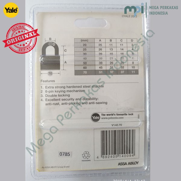 Milota.Co Gembok Yale V140 70 Mm Brass Padlock Series Gembok