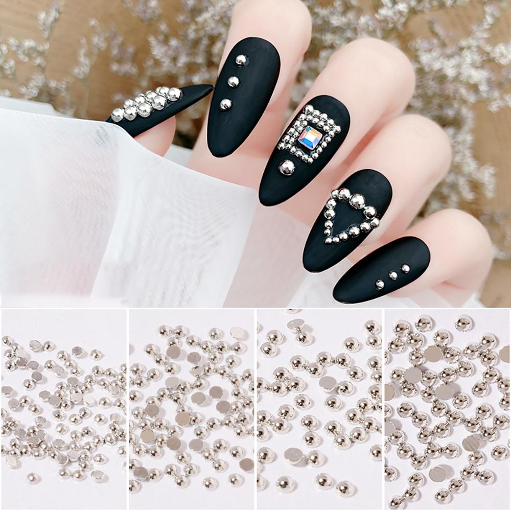 Needway   Kuku Berlian Imitasi 100 Pcs Perak Joker Paku Keling Solid Setengah Lingkaran Tamper Nail Art Dekorasi